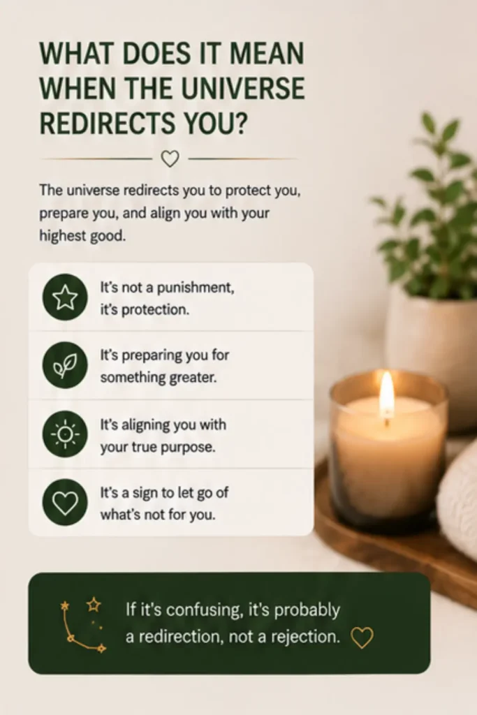 Spiritual infographic explaining what it may mean when the universe redirects your path