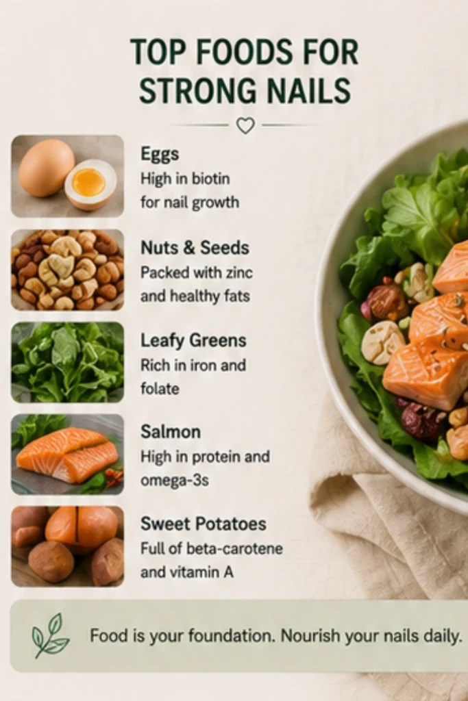 Infographic showing the top foods for strong nails including eggs, nuts and seeds, leafy greens, salmon, and sweet potatoes that provide biotin, protein, omega-3s, iron, zinc, vitamin A, and other nutrients for healthy nail growth.