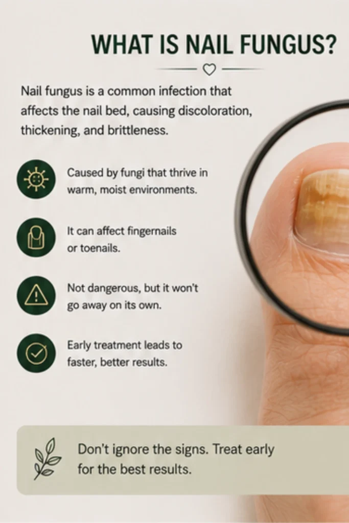 Infographic explaining what nail fungus is, including its causes, symptoms, how it affects fingernails and toenails, and why early treatment improves recovery.