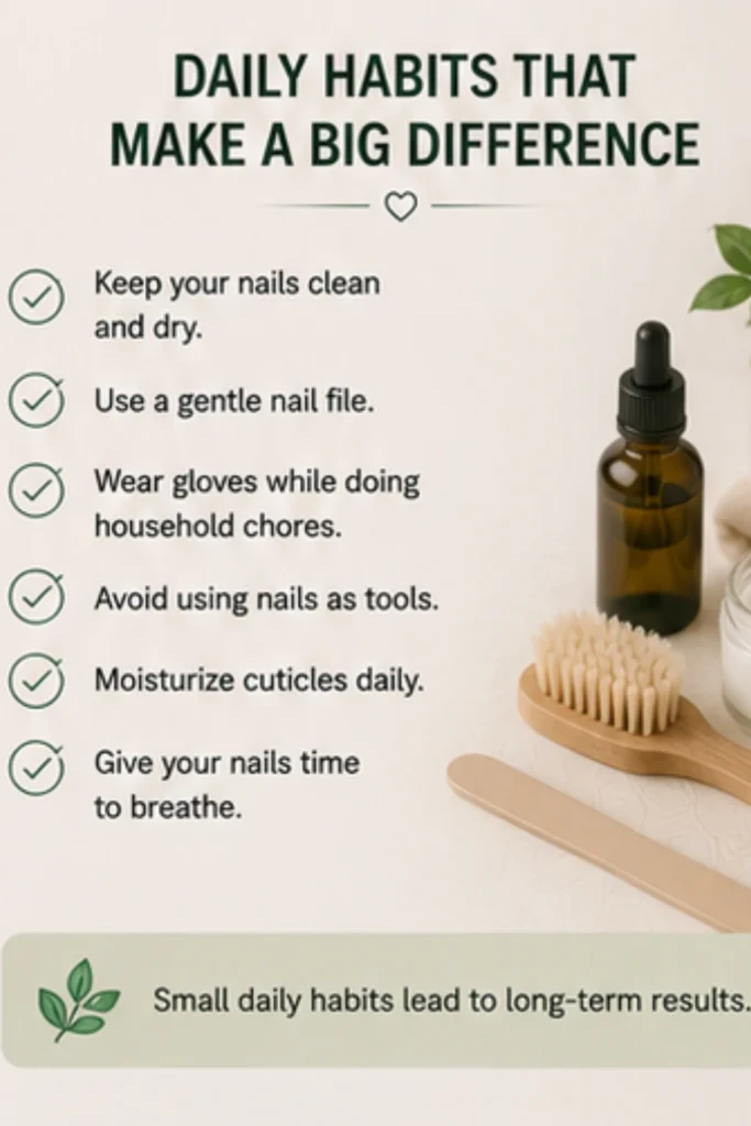 Infographic showing daily nail care habits including keeping nails clean and dry, using a gentle nail file, wearing gloves during chores, moisturizing cuticles, avoiding nail damage, and allowing nails to recover naturally.