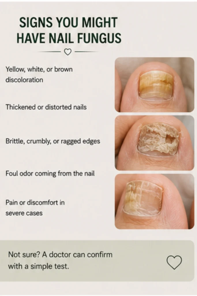 Infographic showing common signs of nail fungus including yellow nails, thickened toenails, brittle nail edges, discoloration, and severe fungal nail infection examples.
