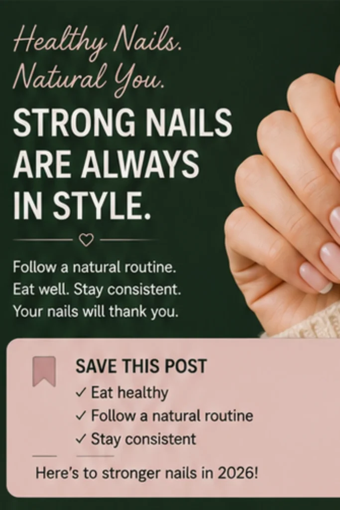 Motivational nail care graphic featuring healthy natural nails with reminders to eat nutritious foods, follow a natural nail care routine, stay consistent, and develop healthy habits for stronger nails.
