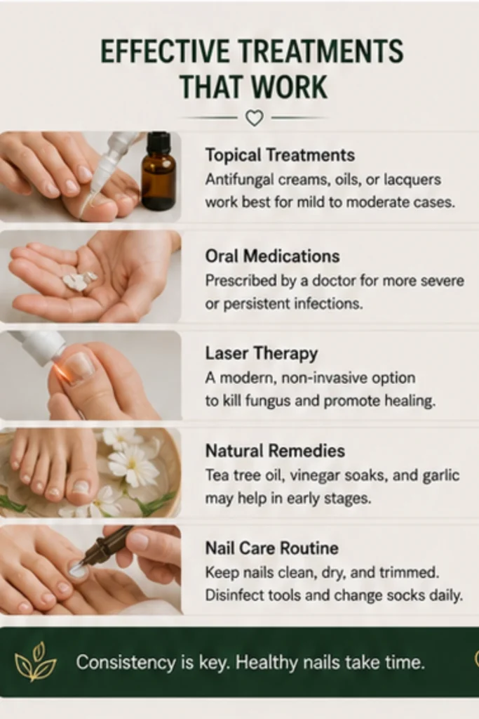 Infographic comparing nail fungus treatment options including antifungal creams, oral medication, laser therapy, natural remedies, and healthy nail care practices.