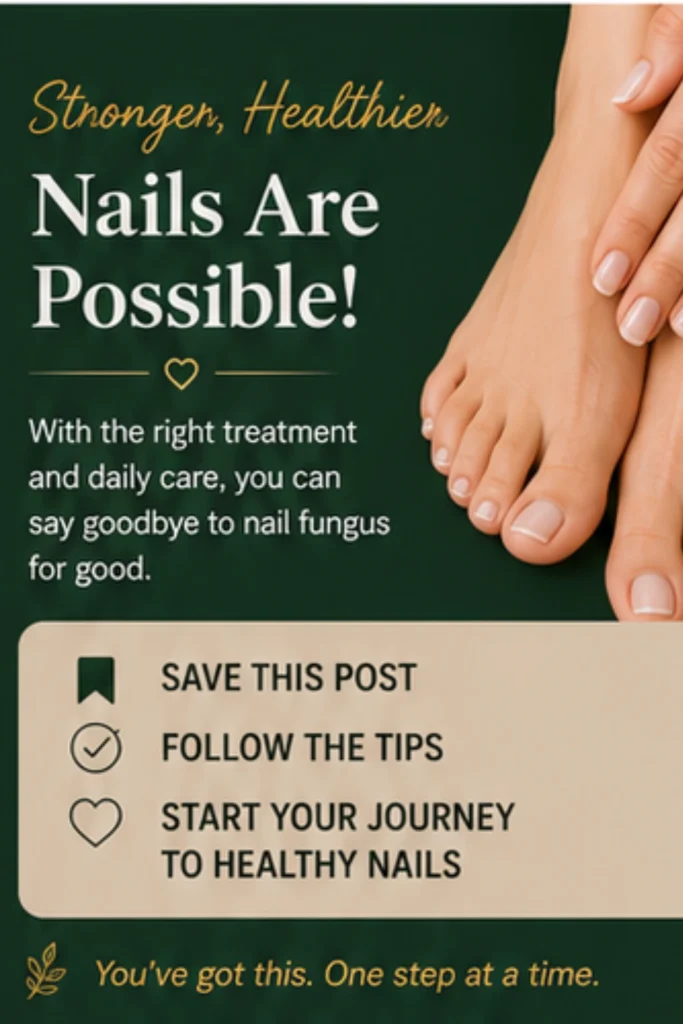 Motivational nail care infographic encouraging treatment consistency to eliminate nail fungus and maintain healthy, strong toenails through daily care.